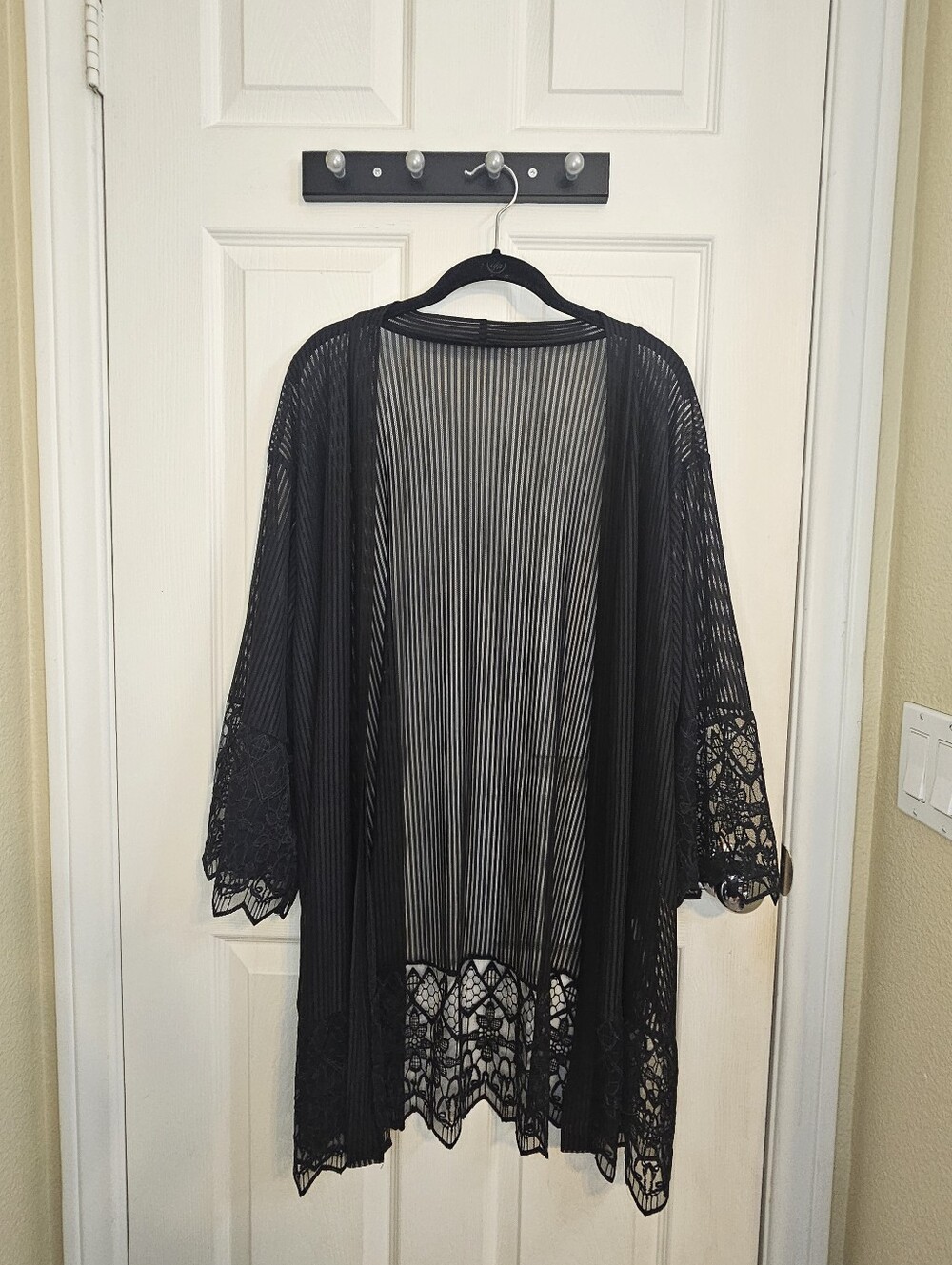 Black Sheer Mesh Stripe Kimono Duster Lace Trim Boho Cardigan 2XL